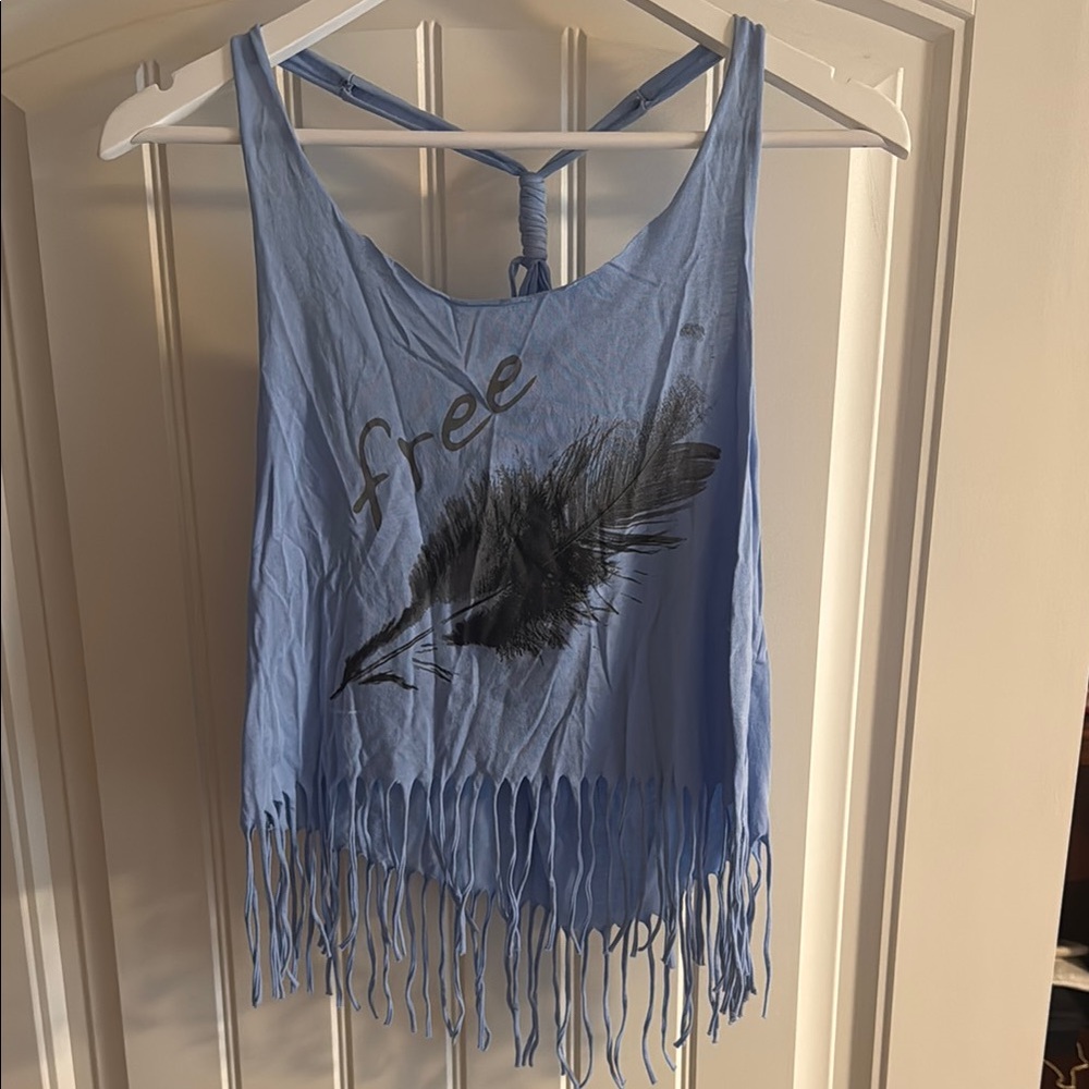 Blue Fringe Tank Top with Feather Design